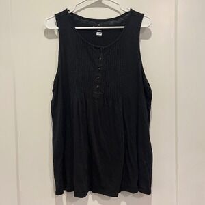Caslon Black Pintuck Pleated Henley Tank Top Sleeveless Slub Knit Size L